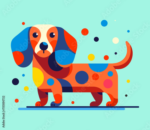 Graphic illustration of a dog in pop art style. A bright multi-colored dachshund