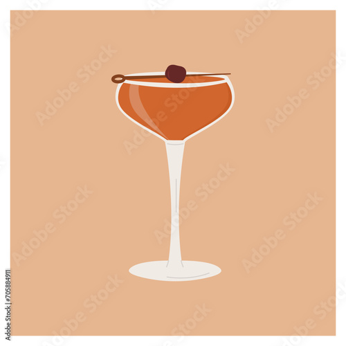 Manhattan Classic Cocktail garnished with maraschino cherry. Classic alcoholic beverage card for bar menu. Summer aperitif. Minimalist alcoholic drink. Vector illustration isolated on background.