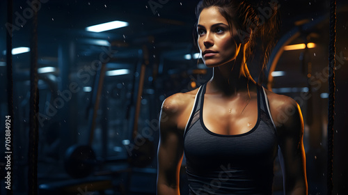 Fit young woman standing in a gym. Motivated beautiful fitness female model in a gym with  dark background . Portrait of a healthy  muscular  fit girl in a gym.