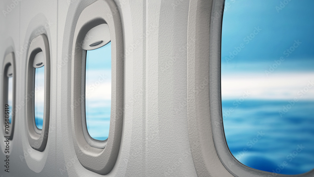 Airplane windows looking through the clouds. 3D illustration