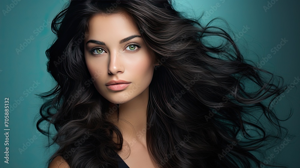 Naklejka premium Beautiful female face with powerful silky hair and chic hairstyle. Perfect image of a beautiful brunette woman. Feminine image of natural beauty. Illustration for beauty and fashion magazine.
