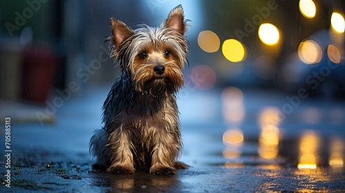 Street dog look at the camera with a pitying look. Lonely and abandoned sad puppy on the city street. Waiting for his master. Loyal furry friend. Illustration for cover, card, interior design or print © Login