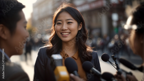 young professional politician woman being interviewed live by a tv broadcast channel with microphones and cameras on a press conference outside on the city street