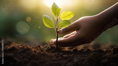 The agronomist guards the green sprout. Green plant growth in nature. Sapling in fertile soil. Agricultural industry. The concept of growth and development under supervision. Illustration for design. photo