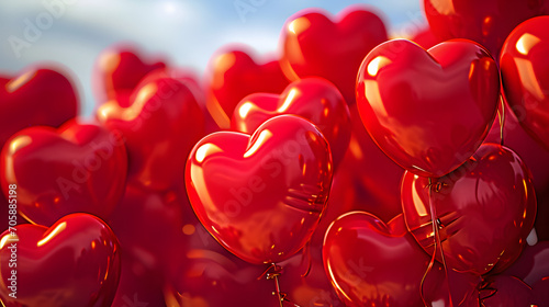 Red heart shaped balloons. Valentine's Day background.