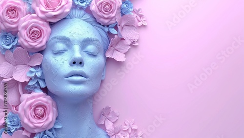 face of a woman with pink flowers on her head. International Woman's day concept.