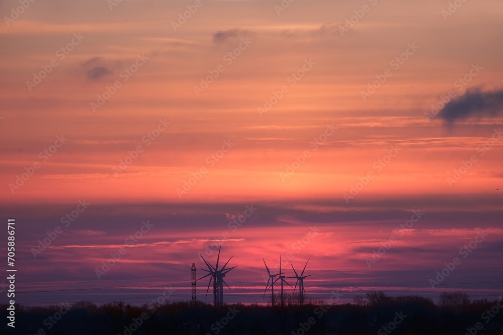 Farm of electric windmills on background of colorful sunrise sky. Zulawy Gdanskie, Poland