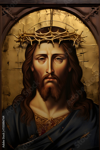 Byzantine Greek Slavic Orthodox icon of sad Jesus Christ with a crown of thorns. Authentic Eastern painting art of Jesus Christ, son of God with a crown of thorns. photo