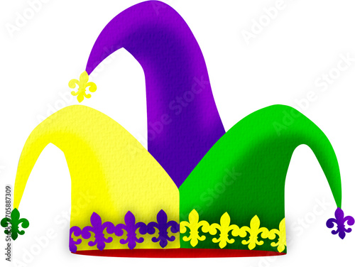 harlequin hat or jester hat or joker hat with fleur de lis for Mardi Gras