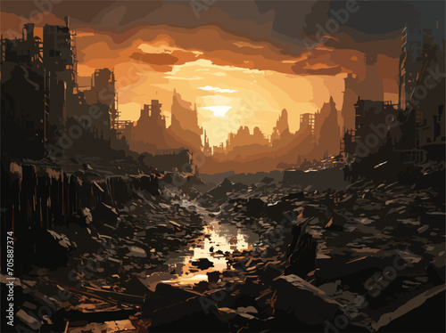 complex vector-style background image depicting a post-apocalyptic wasteland, with crumbling buildings, overgrown vegetation, and hints of a once thriving civilization.	