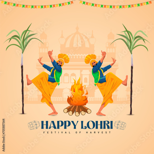 Joyful Lohri Celebration Bhangra, Golden Temple, and Sugarcane Vector on a Radiant Yellow Background Embracing the Punjabi Harvest Festival Spirit