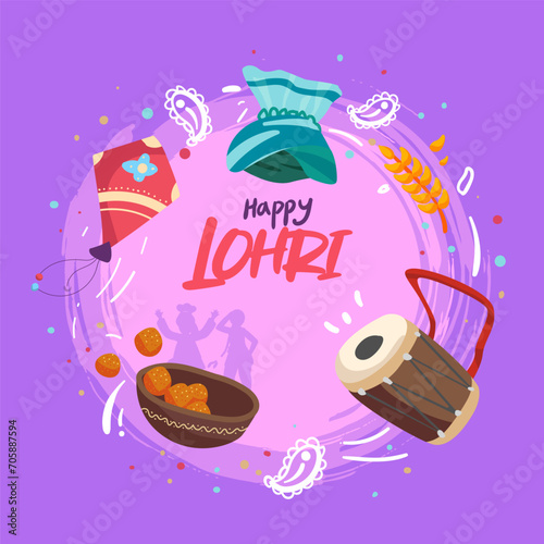 Lohri Delight Vibrant Purple Festivity with Overflowing Chulha, Adorned Dhol, and Stylish 'Happy Lohri.' A Cheerful Tribute to Punjab's Harvest Celebration, Infused with Color and Tradition