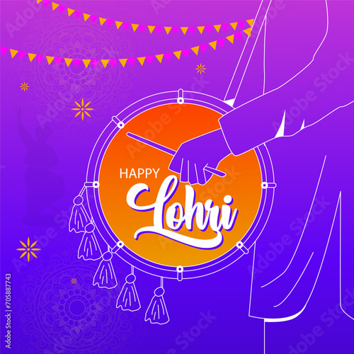 Lohri Celebration Illustration Vibrant Dhol Player in White Kurta, Yellow Pagri, against a Purple Sky. HAPPY Lohri Glows in Yellow, Orange, Red, Dhol, Fireworks, Diyas Capturing the Joy of Harvest