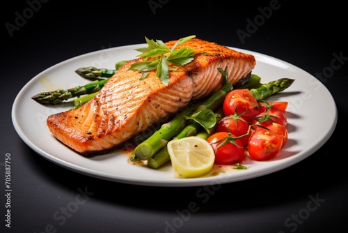 grilled salmon with lime, asparagus and cherry tomatoes on white plate