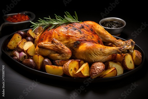 Whole Grilled Chicken (Chargha) serve with vegetables and rice.  photo