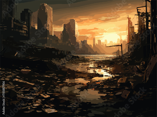 complex vector-style background image depicting a post-apocalyptic wasteland, with crumbling buildings, overgrown vegetation, and hints of a once thriving civilization.	