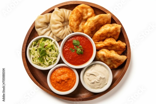 Set of Indian foods, top view, isolated on white background. momos, butter chicken curry and rice. samosas, pani puri on plate. Asian food set collection top view. Indian and Pakistani food collection