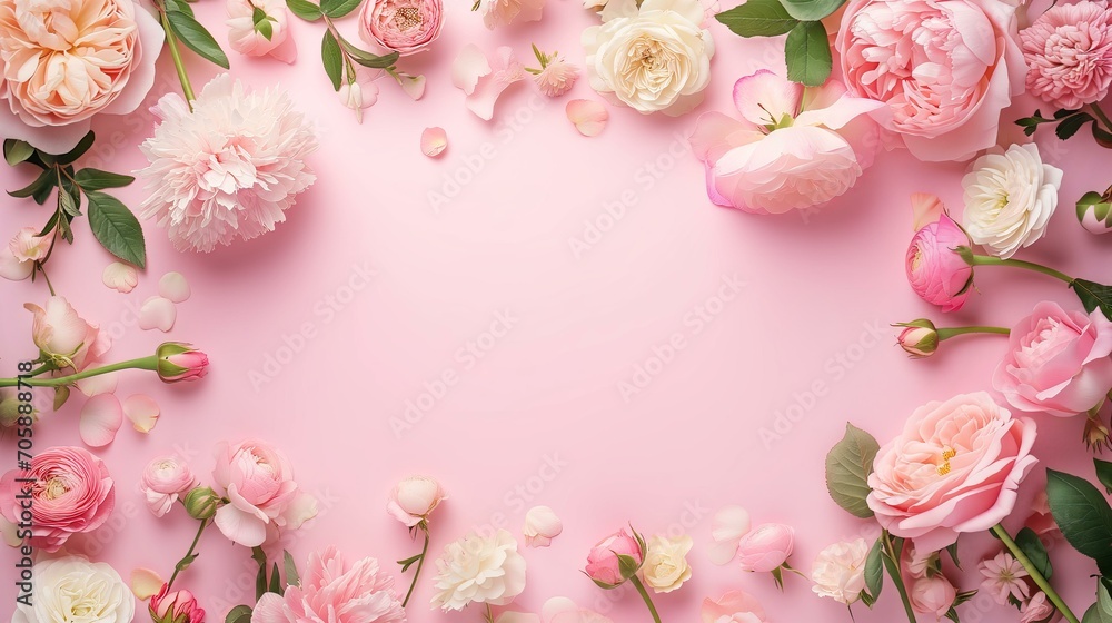 roses, peonies and ranunculuses frame on a pastel pink background, celebration roses, peonies and ranunculuses frame on a pastel pink background, celebration