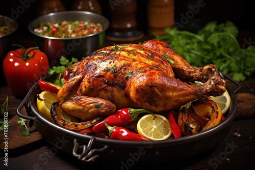 Whole Grilled Chicken (Chargha) serve with vegetables and rice
