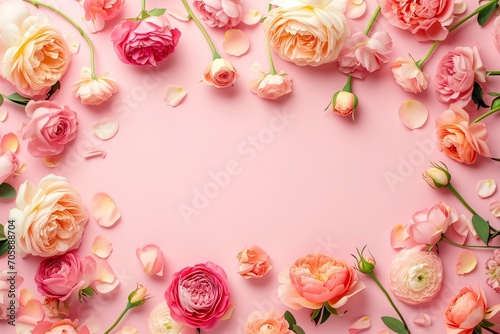 roses, peonies and ranunculuses frame on a pastel pink background, celebration photo