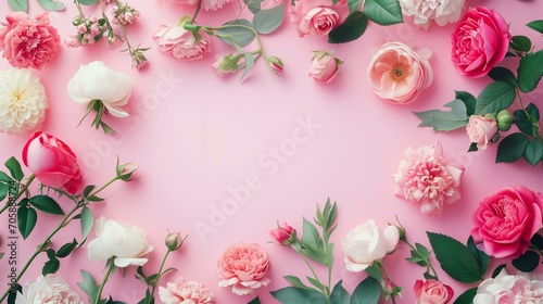 roses, peonies and ranunculuses frame on a pastel pink background, celebration © World of AI