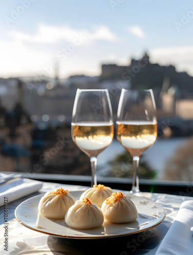 A Plate of Delicious Traditional Chinese Char Siu Bao Is Elegantly Arranged on a Premium Dining Table, Set Against the Backdrop of Edinburgh
