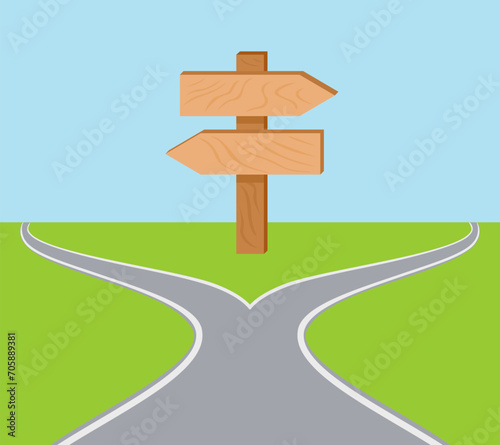 Road signboard at crossroad. Choosing between two paths. Split way and arrows sign pointing in different directions. Difficult decision concept. Vector cartoon flat illustration.