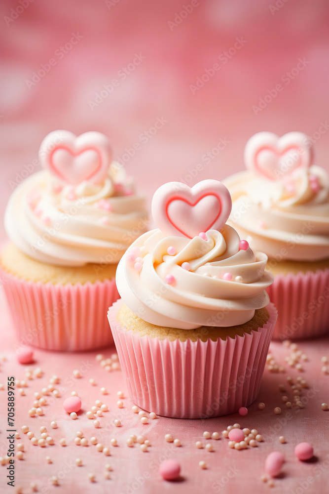 Pink and white cupcakes for Valentine's Day. Generative AI