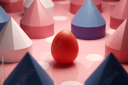 Easter egg standing among triangle geometric shapes on glance background. Pastel color background with copy space. Minimalist Easter concept