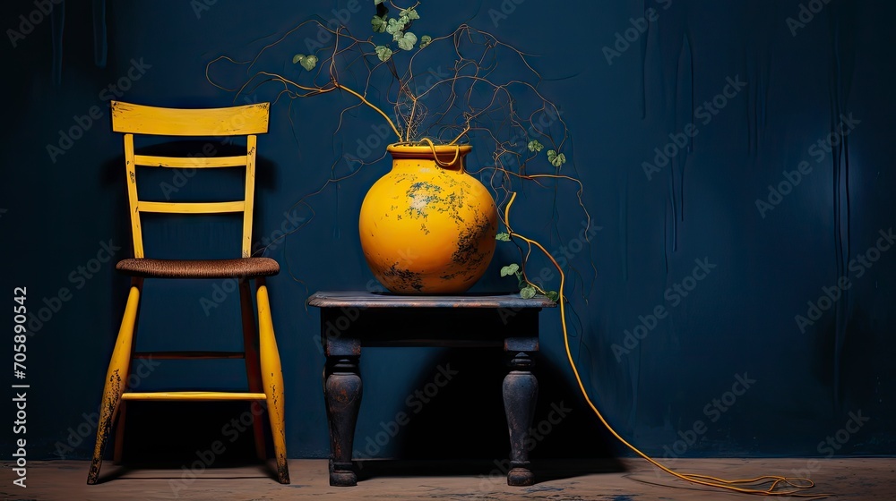Vivid Contrasts: Lush Lemon Tree in a Sunny Yellow Pot with a Blue Stool Against a Dark Wall.