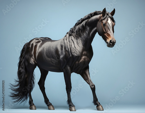 horse black. Isolated on blue pastel background