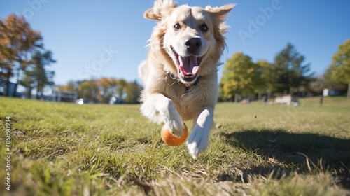 Fluffy golden retriever happily playing fetch with red ball in sunny park, owner smiling photo