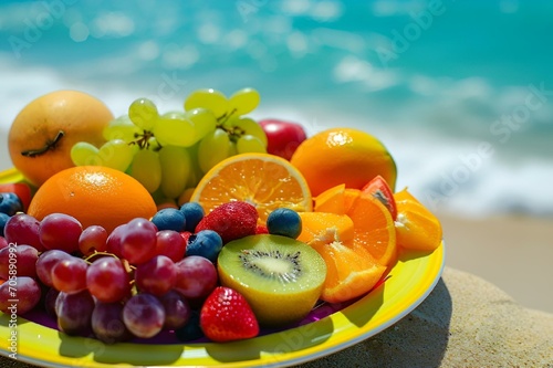 a colorful plate of fruits is sitting on a rock near the ocean