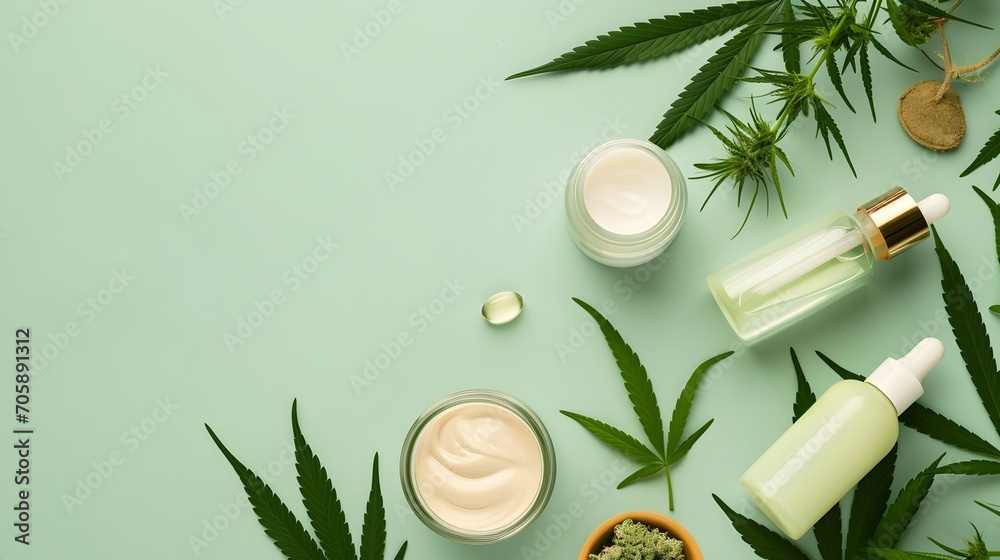 Grüne Wellness: Set von Cannabis-SPA-Kosmetika auf hellem grünem Hintergrund