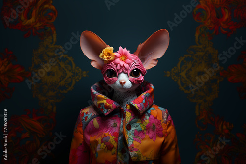 An extraordinary visual journey into the realm of conceptual pop, featuring animals adorned in vibrant clothes and accessories, seamlessly blending photorealistic fantasy on plain