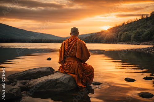 A photo of a monk in orange robes sitting on a rock in a lake at sunset, with the sky and the water reflecting the warm colors. photo