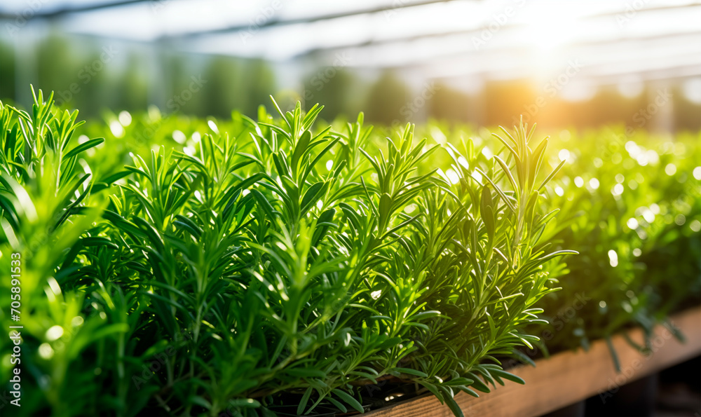 Close up of rosemary leaves, greenhouse background with copy space