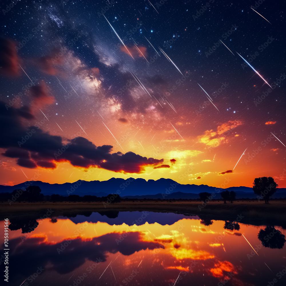 Meteor shower in a beautiful natural landscape, illustration. Meteor shower in a beautiful natural landscape, illustration.