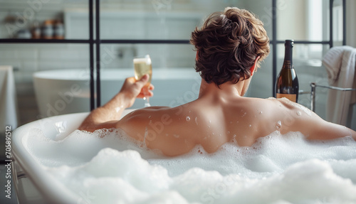 International Quirkyalone Day, February 14. Back View Young Male Has a Glass of Champagne and Enjoying Time in Bathtub with Bath Foam in Modern Bathroom. AI Generated Horizontal photo
