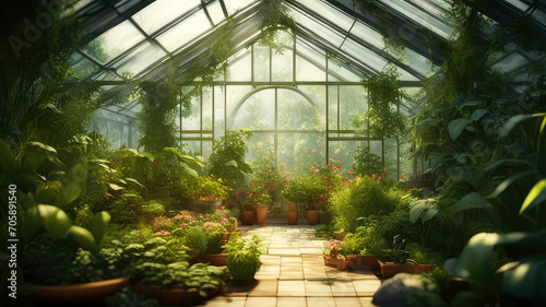 A garden center greenhouse with green potted plants and flowers.Generative AI © svf74