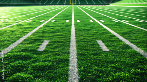 close-up of a American football field with yard lines and grass texture, and a goalpost in the distance under bright stadium lights