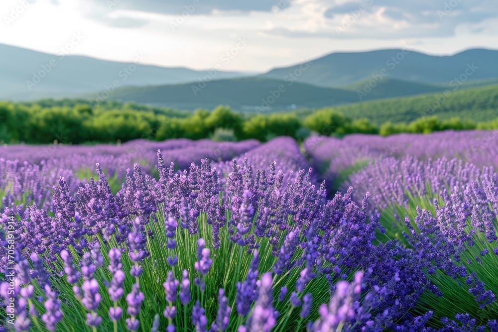 Lavender Fields Scene with romantic scenes surrounded by blooming flowers field.