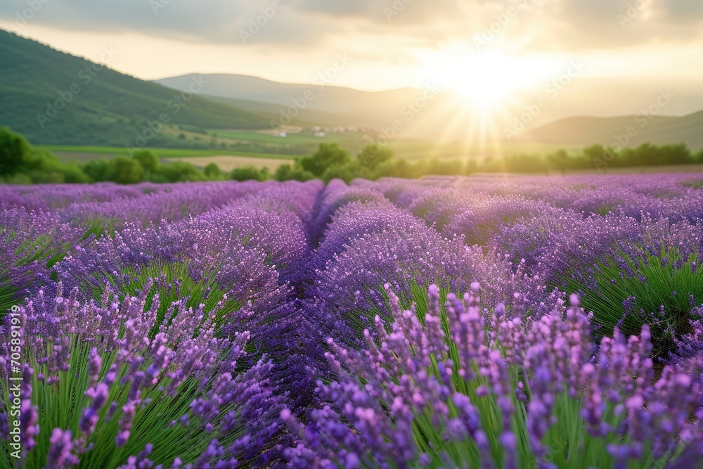 Lavender Fields Scene with romantic scenes surrounded by blooming flowers field.