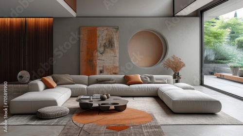 Contemporary minimalist living room with modular furniture, subdued colors, and geometric patterns.
