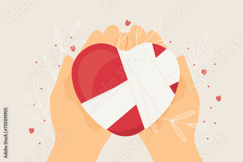 heart with bandage on opened hands; unhappy love, Valentine's Day concept - vector illustration photo