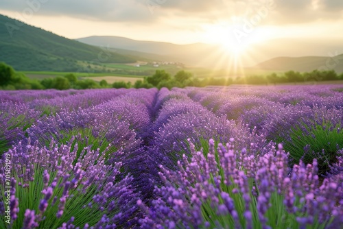 Lavender Fields Scene with romantic scenes surrounded by blooming flowers field. © authapol