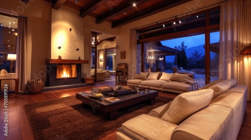 Cozy living room with plush sofas, warm lighting, and a crackling fireplace, inviting comfort and relaxation.