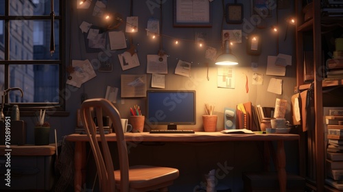 Cozy study corner with a comfortable chair, warm lighting, and a clutter-free workspace.