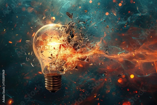 Close up of light bulb explodes with shards of glass against abstract background.