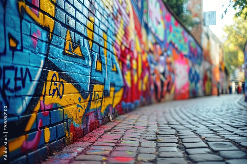 Fototapeta premium Tętniąca życiem ulica artystyczna ze ścianami pokrytymi graffiti